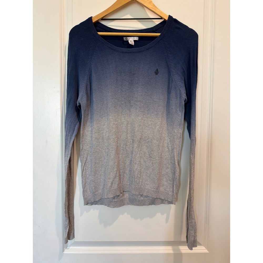 Volcom Fun Dipped Sweater Womens Medium Blue Grey Ombre Dip Dye Cotton Knit